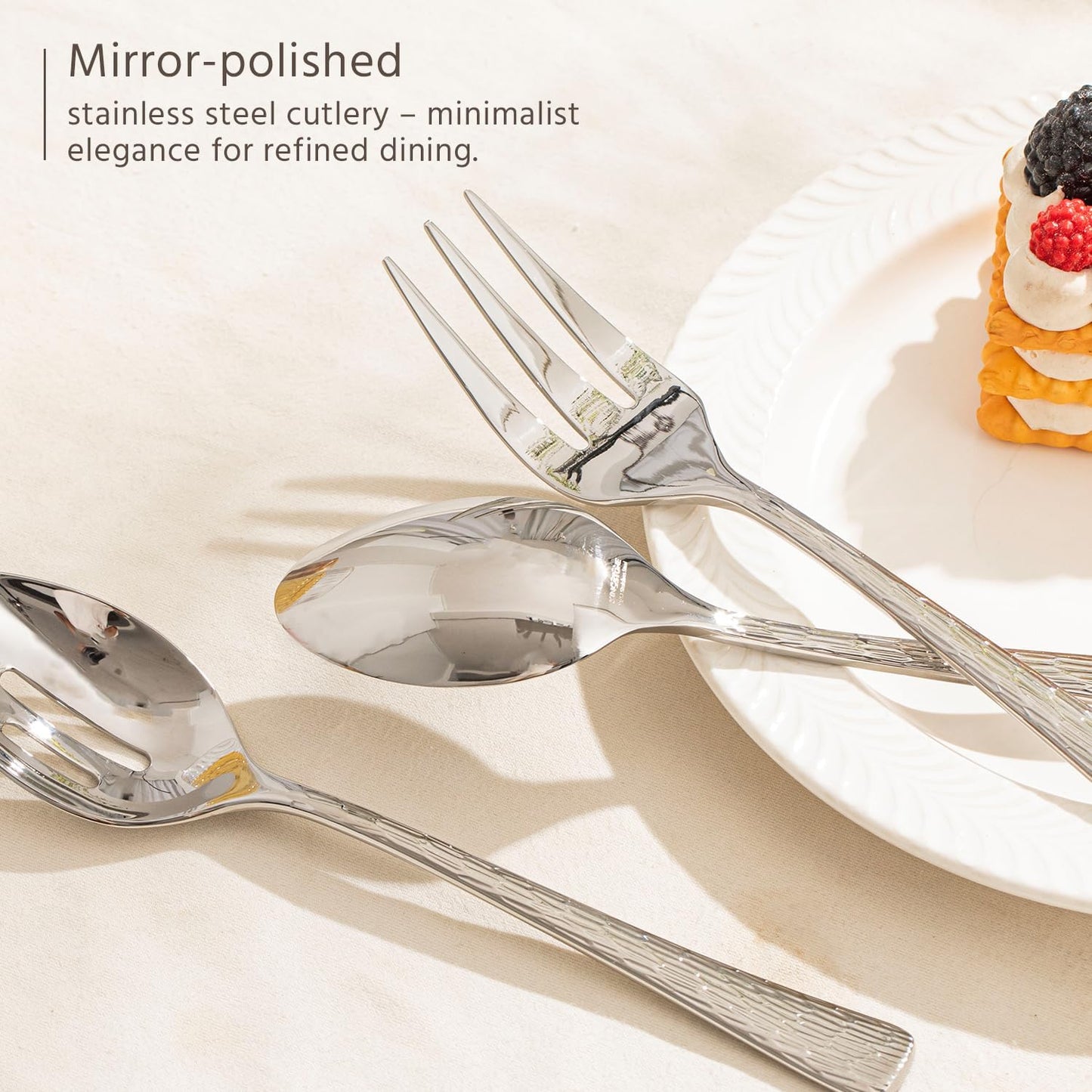 KINGSTONE Hammered 5-Piece Serving Utensil Set, 18/10 Stainless Steel Flatware for Catering, Party Include Spoons, Slotted Spoon, Fork, Butter Knife - Mirror Finish & Dishwasher Safe