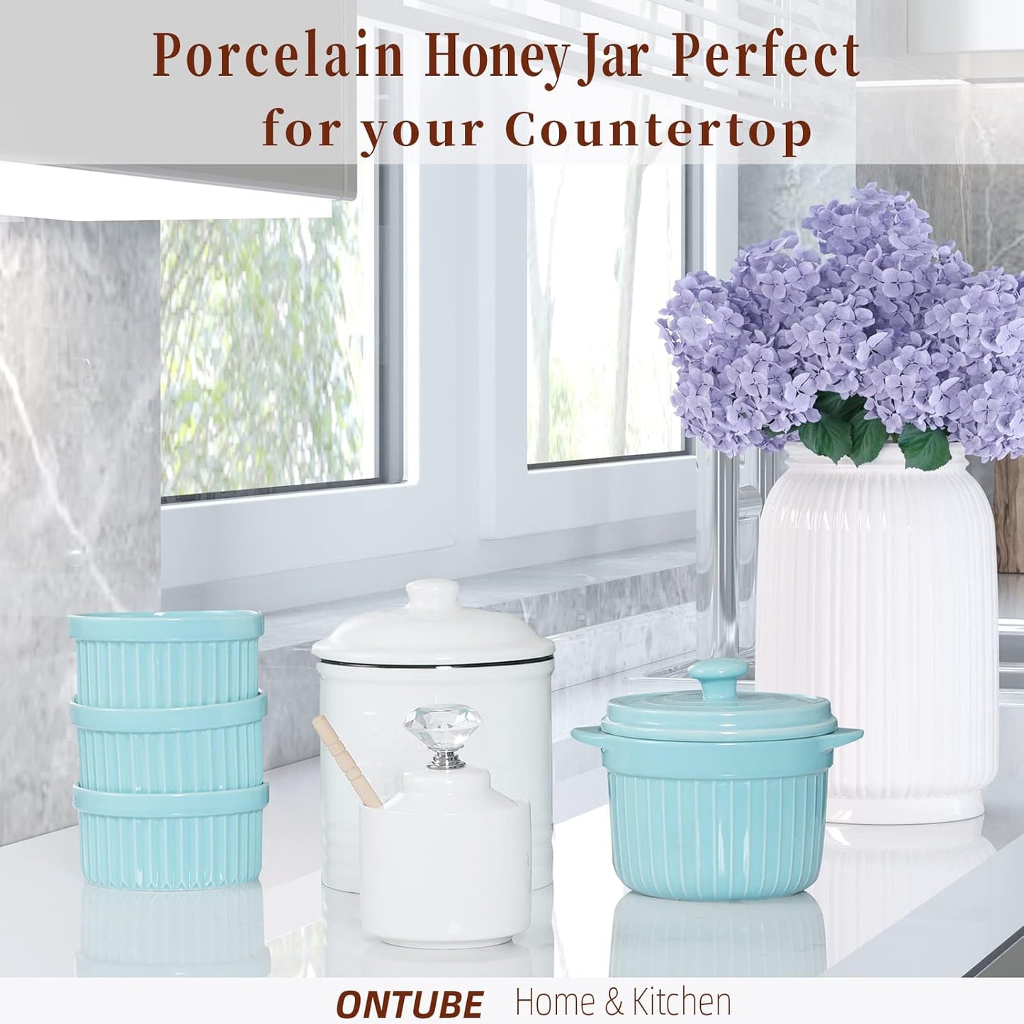 Ceramic Honey Jar with Dipper and Crystal Lid, Small Honey Pot for Home Kitchen, 8oz (Silver)