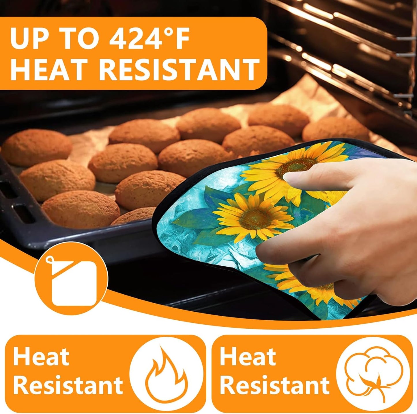 Sunflower Oven Mitts and Pot Holders Sets 4Pcs,Extra Long Oven Gloves Potholder for Kitchen Cooking Baking BBQ 100% Cotton Heat Resistant