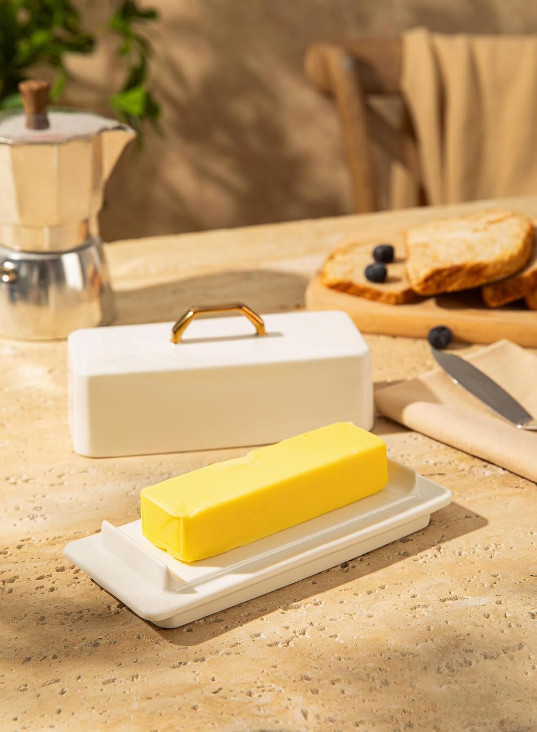 Sweese Butter Dish with Lid for Countertop - Butter Container - Butter Saver, 4oz Beautiful Small Butter Tray for East West Coast Butter, Fridge, Dishwasher Safe-White