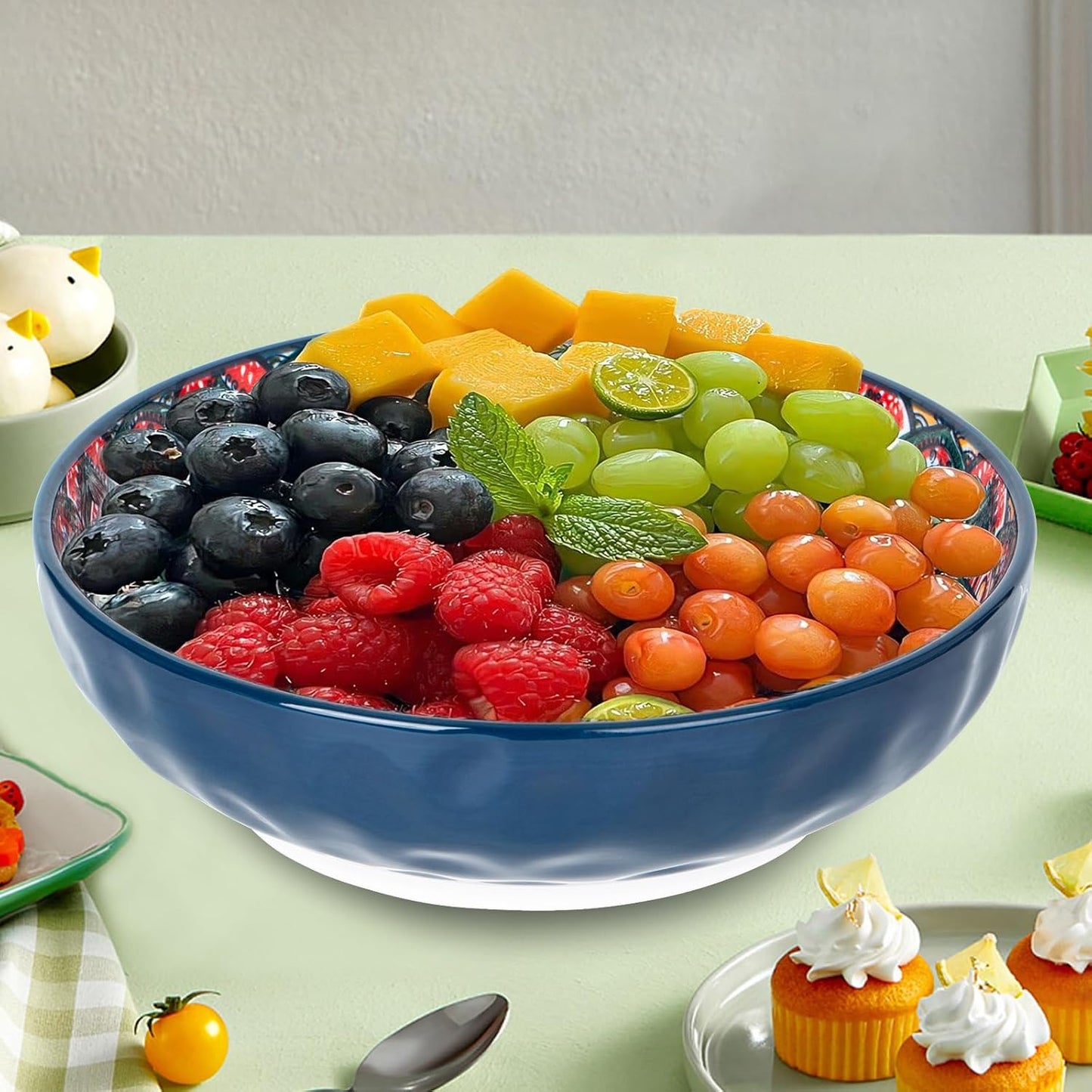 75 Oz Serving Bowls,Bohemian Style Large Porcelain Dishes for Entertaining Parties,Big Bowls for Eating Soup, Salad, Pasta, Fruit, Chips, 10.3 Inch Diameter (blue blue)