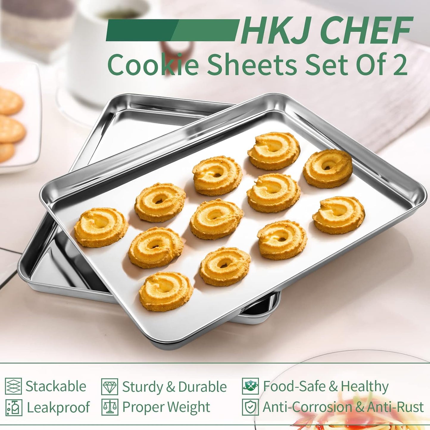 Baking Sheets Set of 2, HKJ Chef Cookie Sheets 2 Pieces & Stainless Steel Baking Pans & Toaster Oven Tray Pans, Rectangle Size 16 x 12 x 1 inch, Non Toxic & Healthy & Easy to Clean