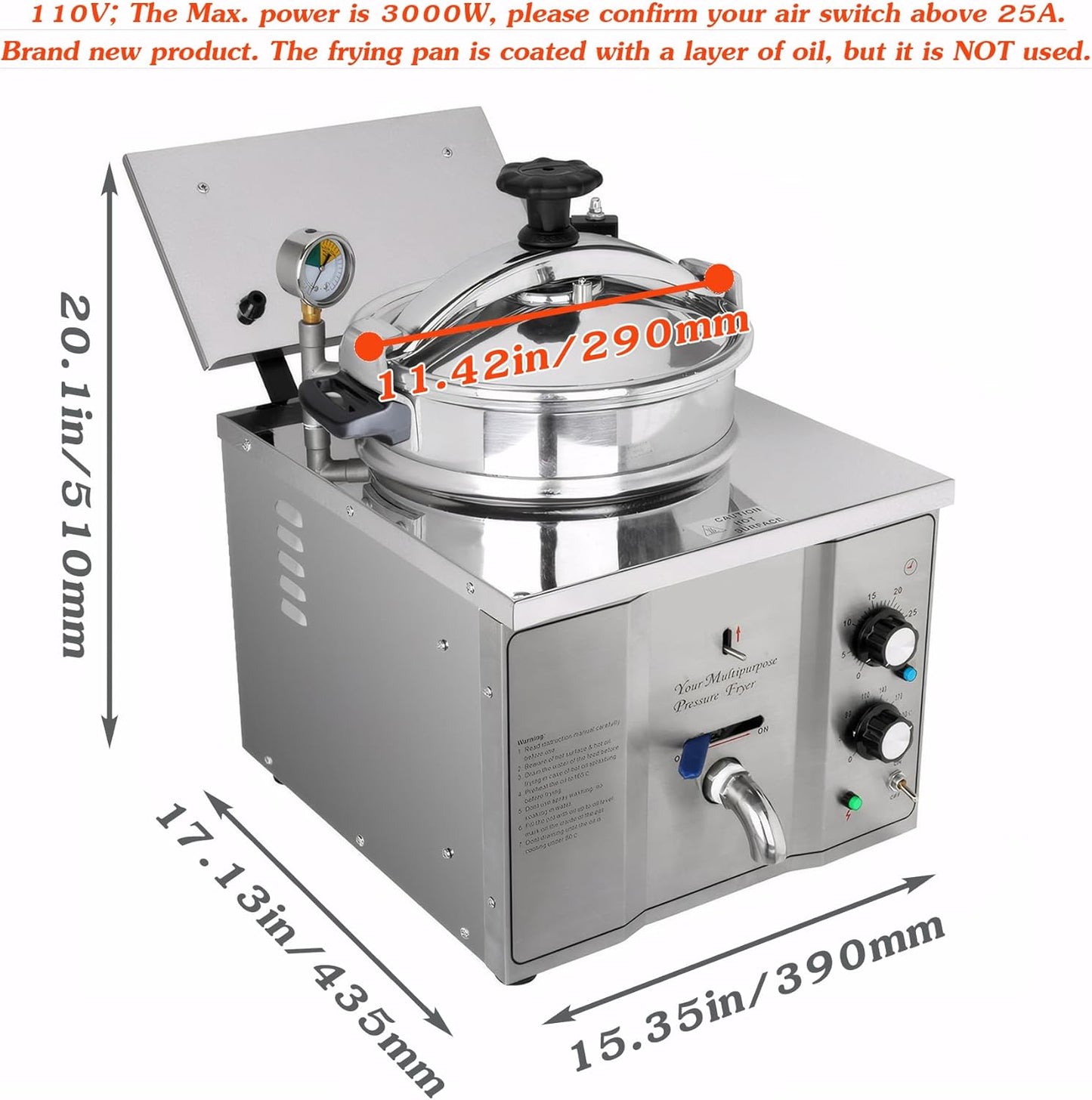 INTSUPERMAI 16L Commercial Countertop Pressure Fryer, Stainless Steel High Pressure Fried Chicken Machine, Electric Multi-function Deep Fryer Cooking Machine, 110V, 2400W, 8PSI