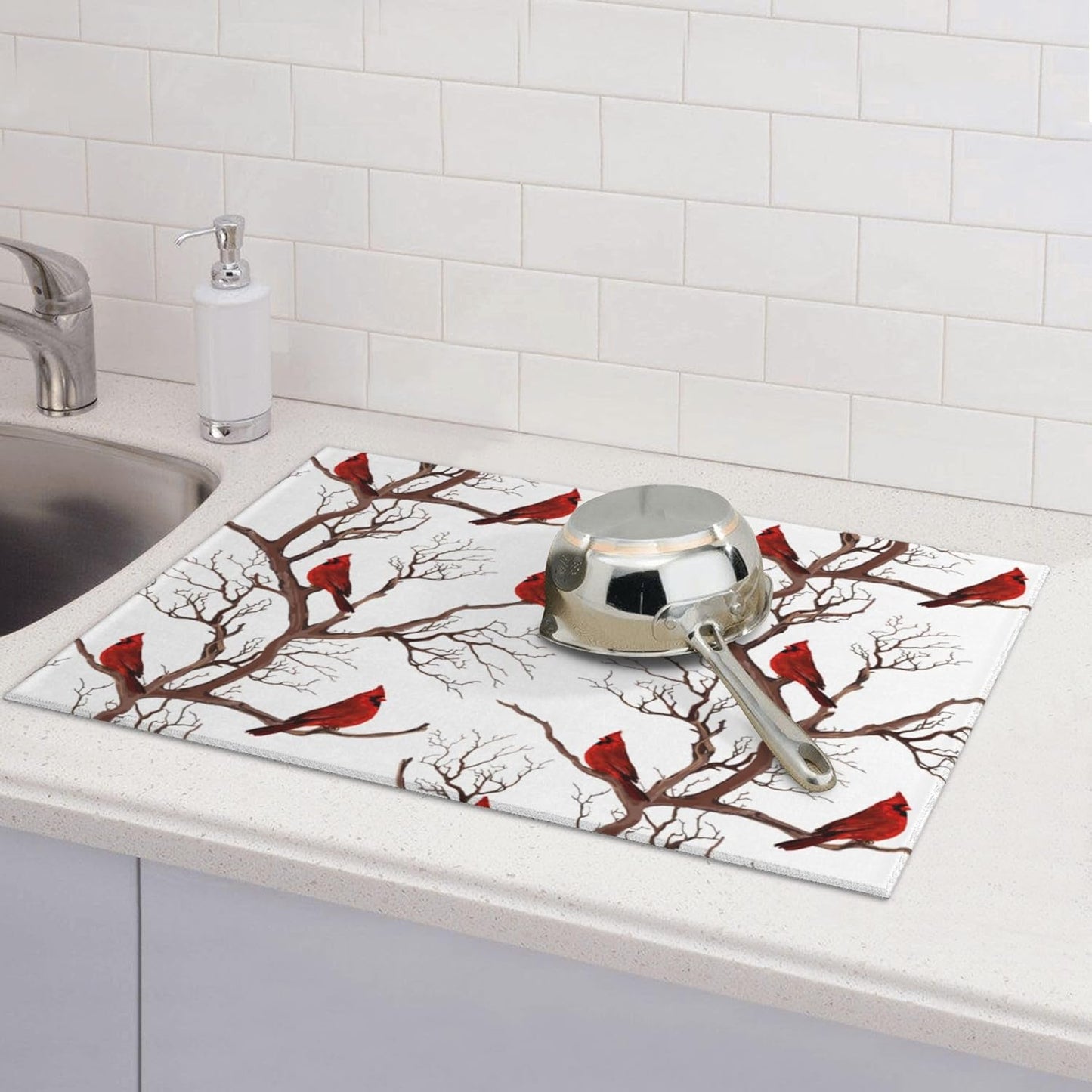 Winter Cardinal Birds Microfiber Dish Drying Mat for Kitchen Counter 18"x24" Christmas Dishes Drying Pad Dish Drainer Rack Mats Absorbent Washable Reusable Christmas Kitchen Home Holiday Decor