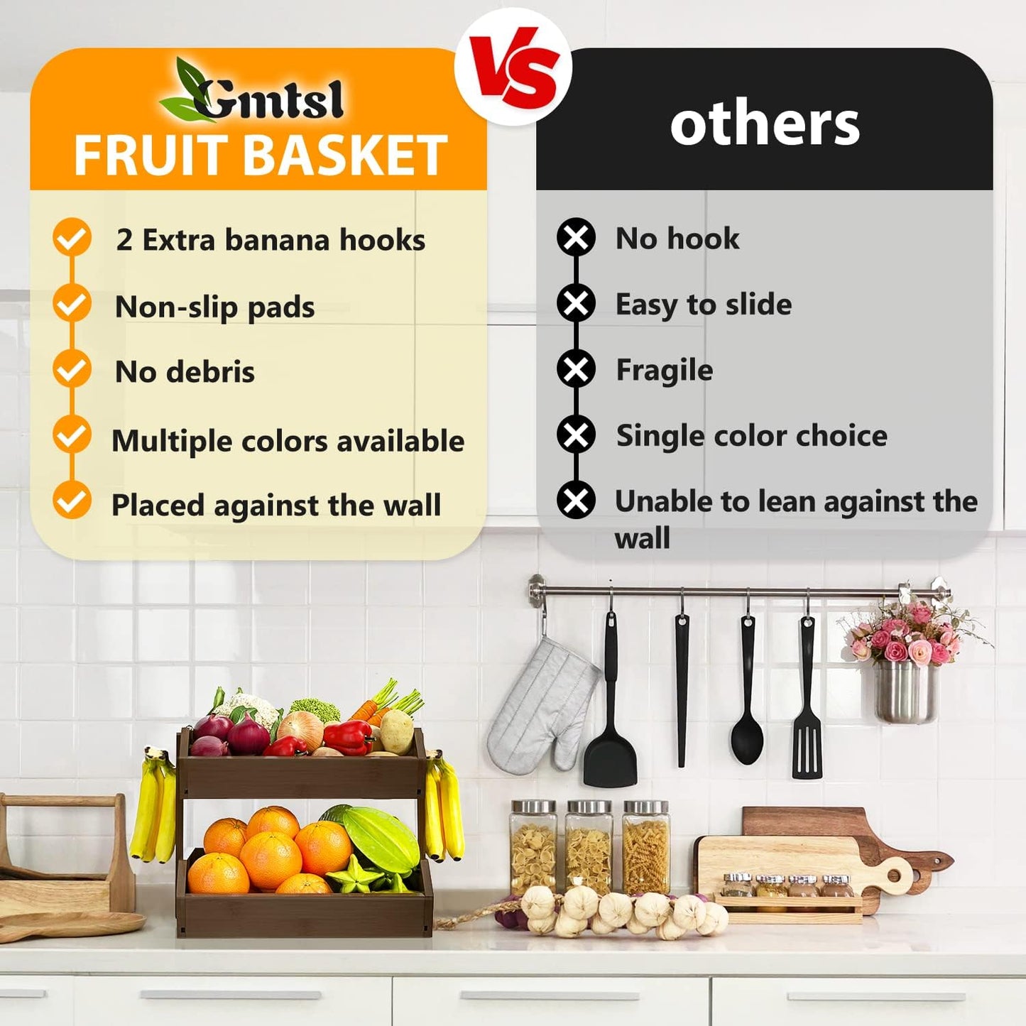 Bamboo Fruit Basket for Kitchen – 2 Tier Fruit Bowl For Kitchen Counter, Large Fruit Holder With 2 Banana Hangers, Idea For Fruit and Vegetable Storage, Bread Basket, Snack Organizer(WALNUT)