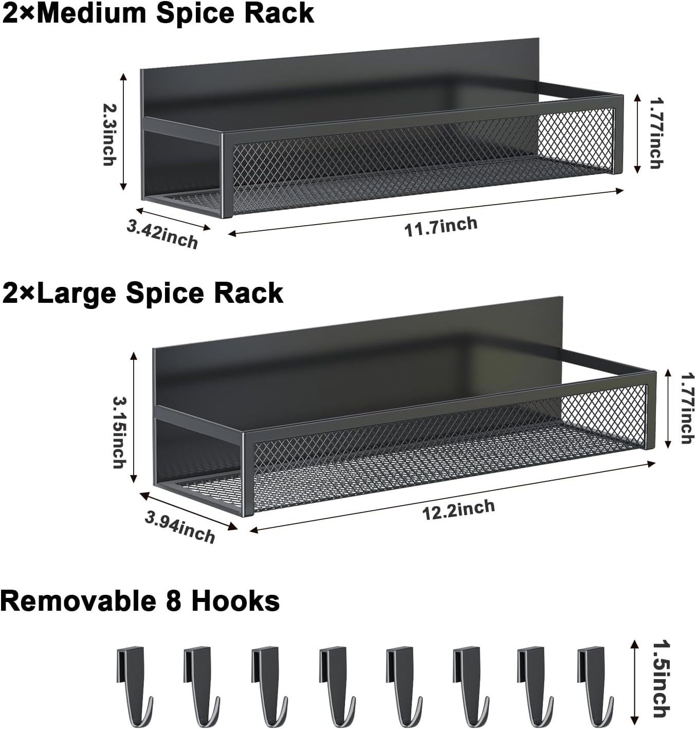Magnetic Spice Rack for Refrigerator, 4 Pack Magnetic Shelf, Fridge Magnet Organizer with Moveable 8 Hooks, Magnetic Fridge Shelf for Kitchen Organization and Storage (4 Pack)