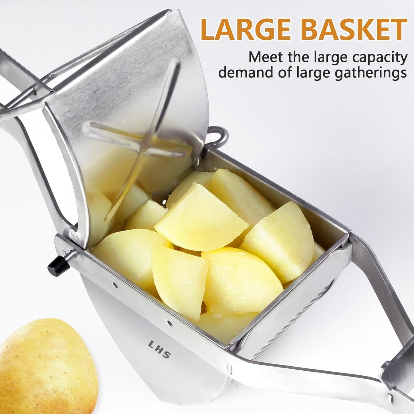 LHS Stainless Steel Potato Ricer and Masher, Heavy Duty Commercial Food Masher, Ergonomic Comfort Grip, Extra Large Capacity, Dishwasher Safe (Black)