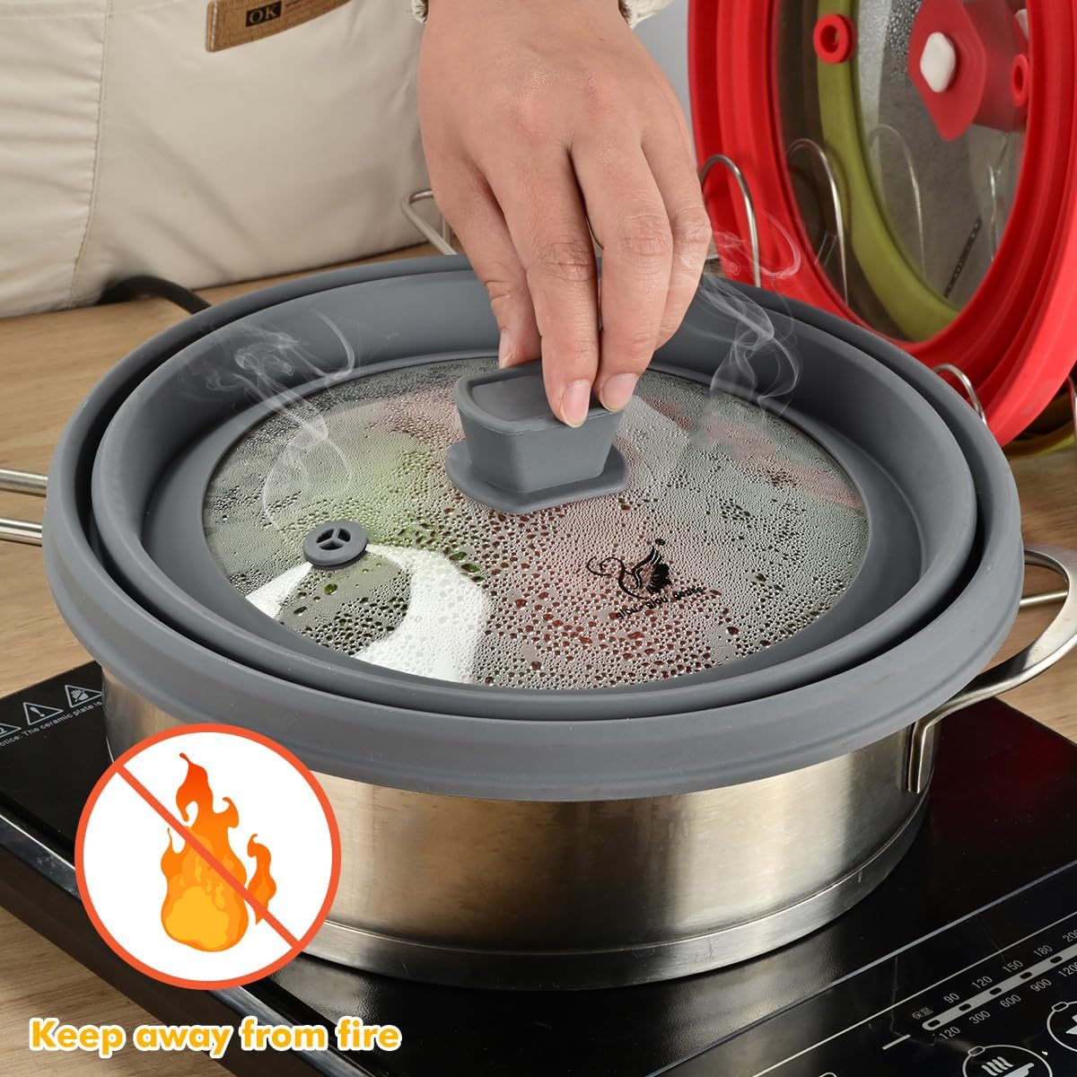 Microwave Splatter Cover Glass Splatter Guard Lid with Collapsible Silicone for Food Pot Plate Cover 11.8 inch Light Grey