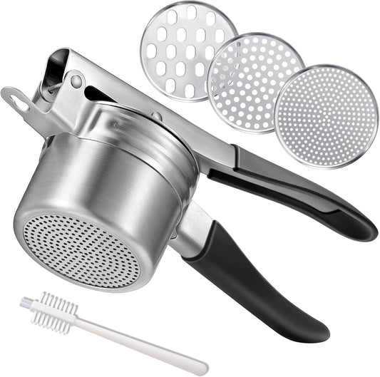 Potato Ricer, AMOHEE 15oz Stainless Steel Potato Masher Upgrade Heavy Duty Design with Anti-Slip Handle Ricer for Mashed Potatoes, Carrots, Yams, Black