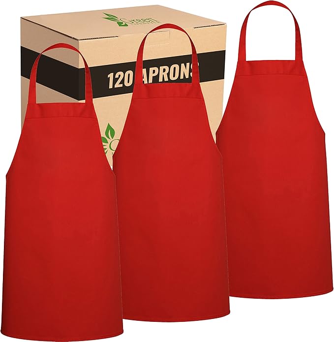 GREEN LIFESTYLE 120 Pack Professional Chef Apron – Grilling Aprons for Men, Waterproof Cooking Apron for BBQ, Work or Restaurant Use, Kitchen Aprons for Women – Red, No Pockets