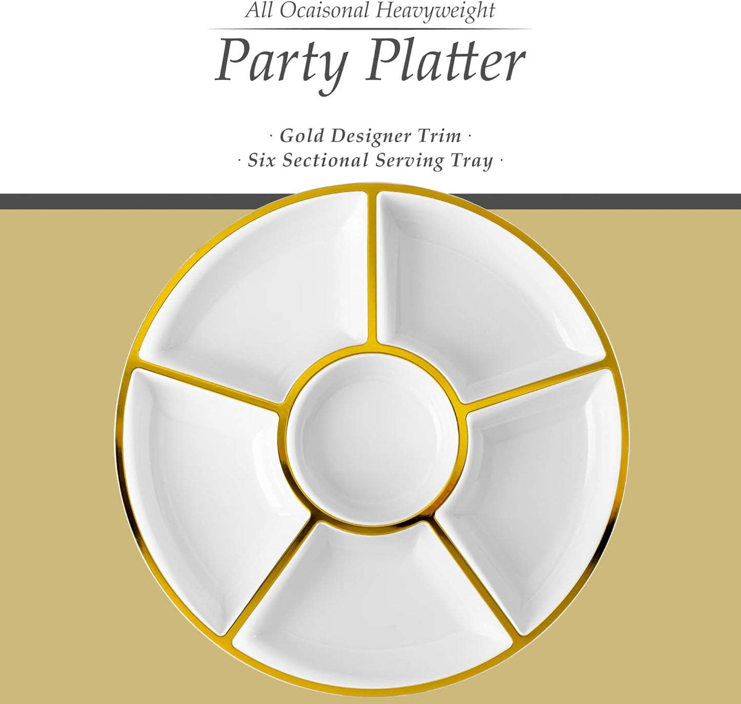 Plasticpro 6 Sectional Round Plastic Serving Tray/Platter (4, White & Gold)