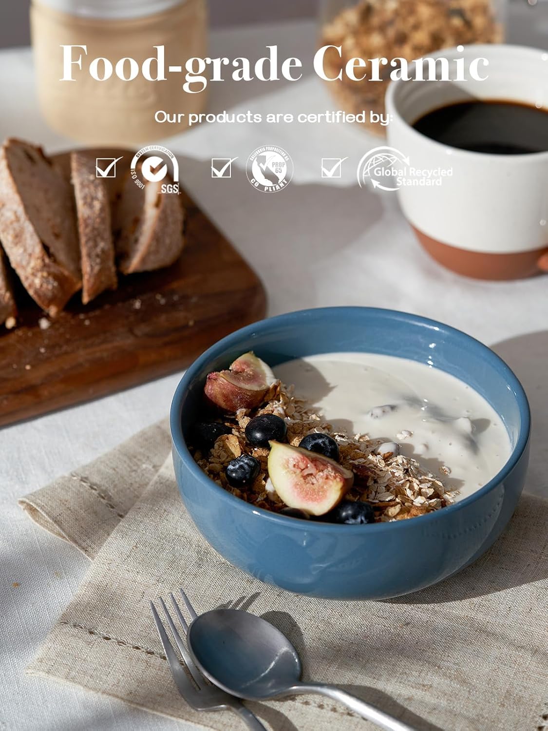 DOWAN 22 OZ Ceramic Soup Bowls & Cereal Bowls - 6" Classic Bowls Set of 4 for Soup, Cereal, Oatmeal, Fruit, Rice - Dishwasher & Microwave Safe (Airy Blue)