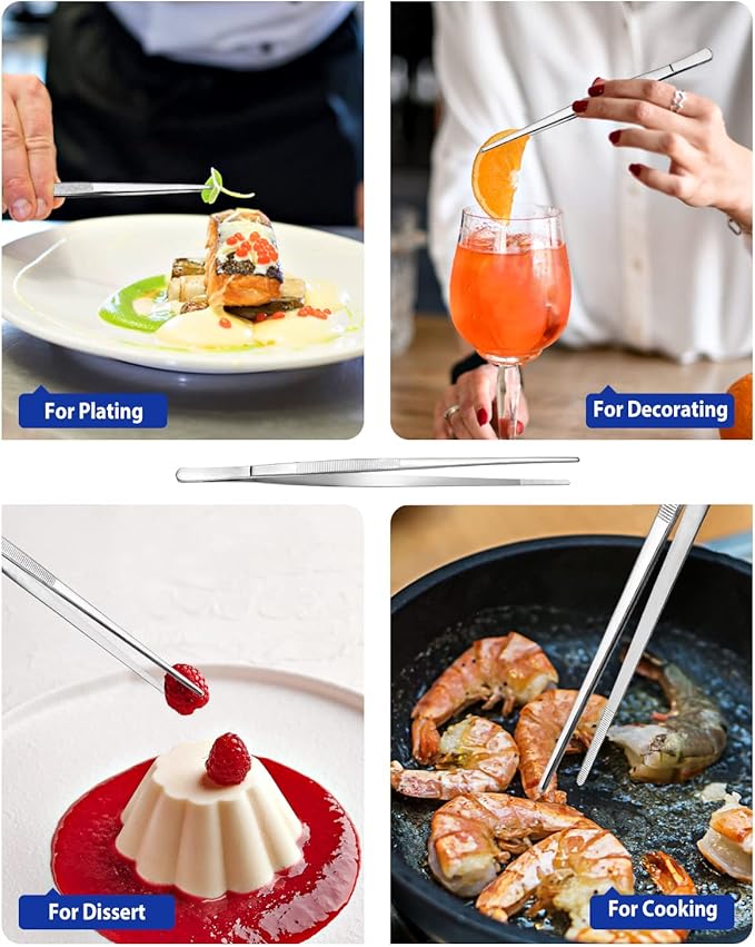 4 Pcs Fine Long Tweezer Tongs Professional Silver, 12'' and 10'' Stainless Steel for Kitchen, Food, Cooking, Repairing, Sea food and BBQ