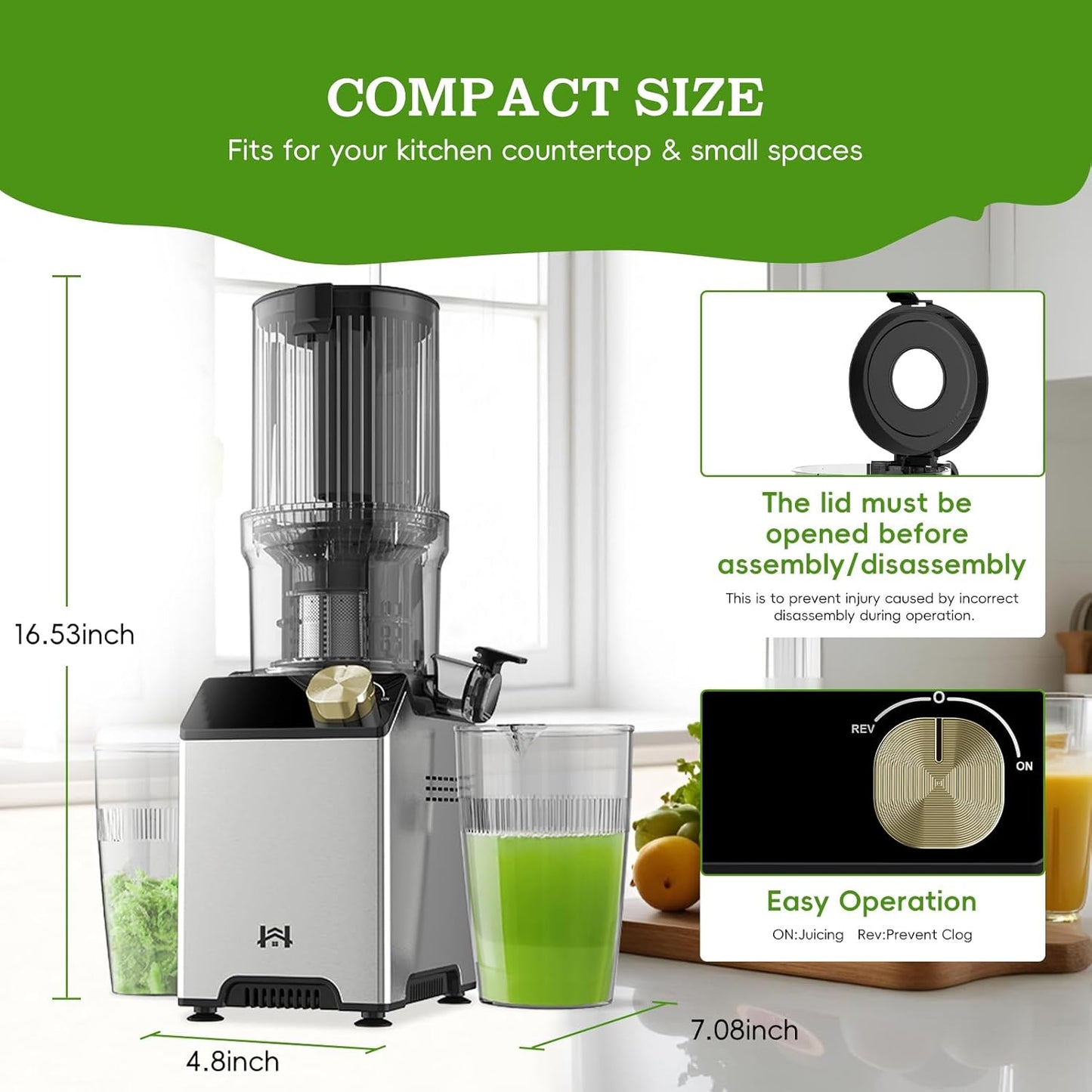 Cold Press Juicer, Juicer Machines with 4.35'' Wide Feed Chute, Stainless Steel Masticating Juicers Easy to Clean, Ergonomic Operational Panel Design, High Juice Yield, Golden Knob