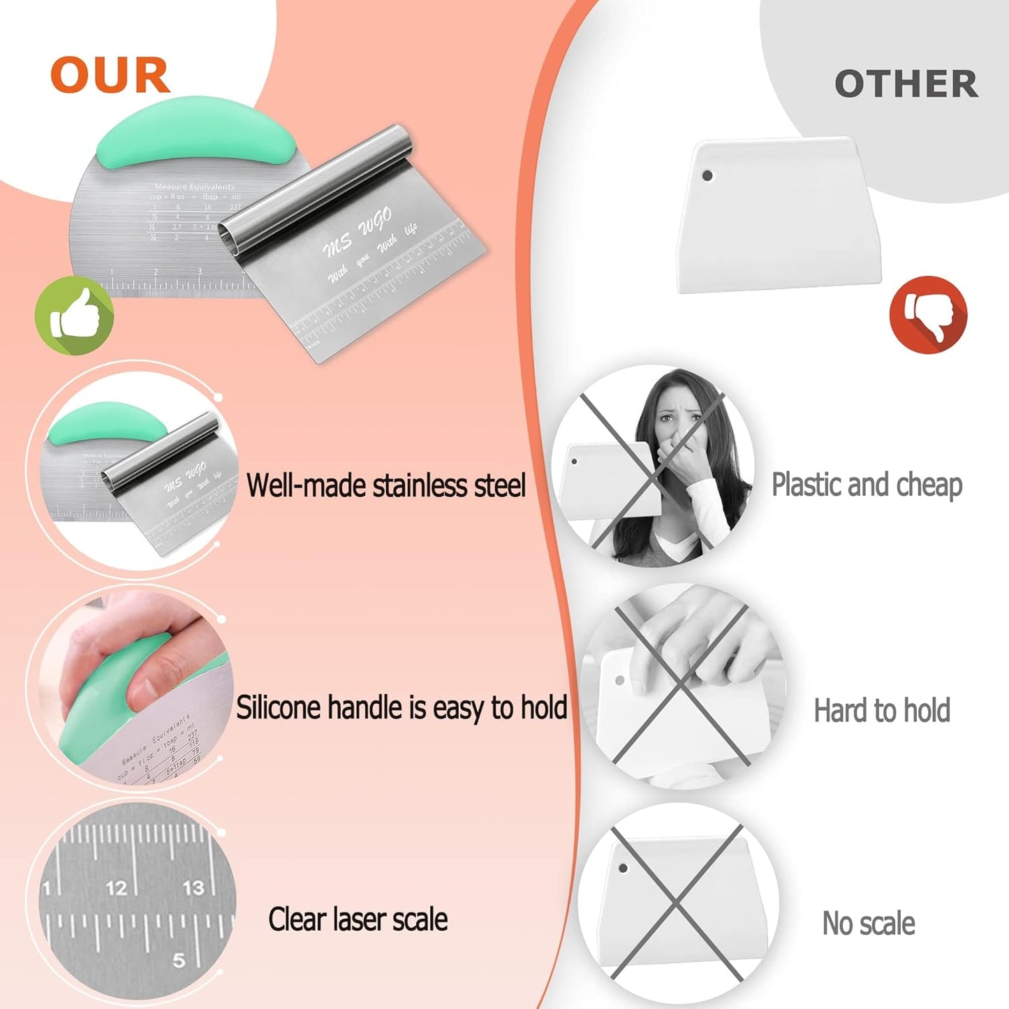 Dough Scraper Cutter Pastry Pizza Cutter Stainless Steel Tool with Scale Ruler, Kitchen Tool for Baking Cookie Dough Vegetable Bread