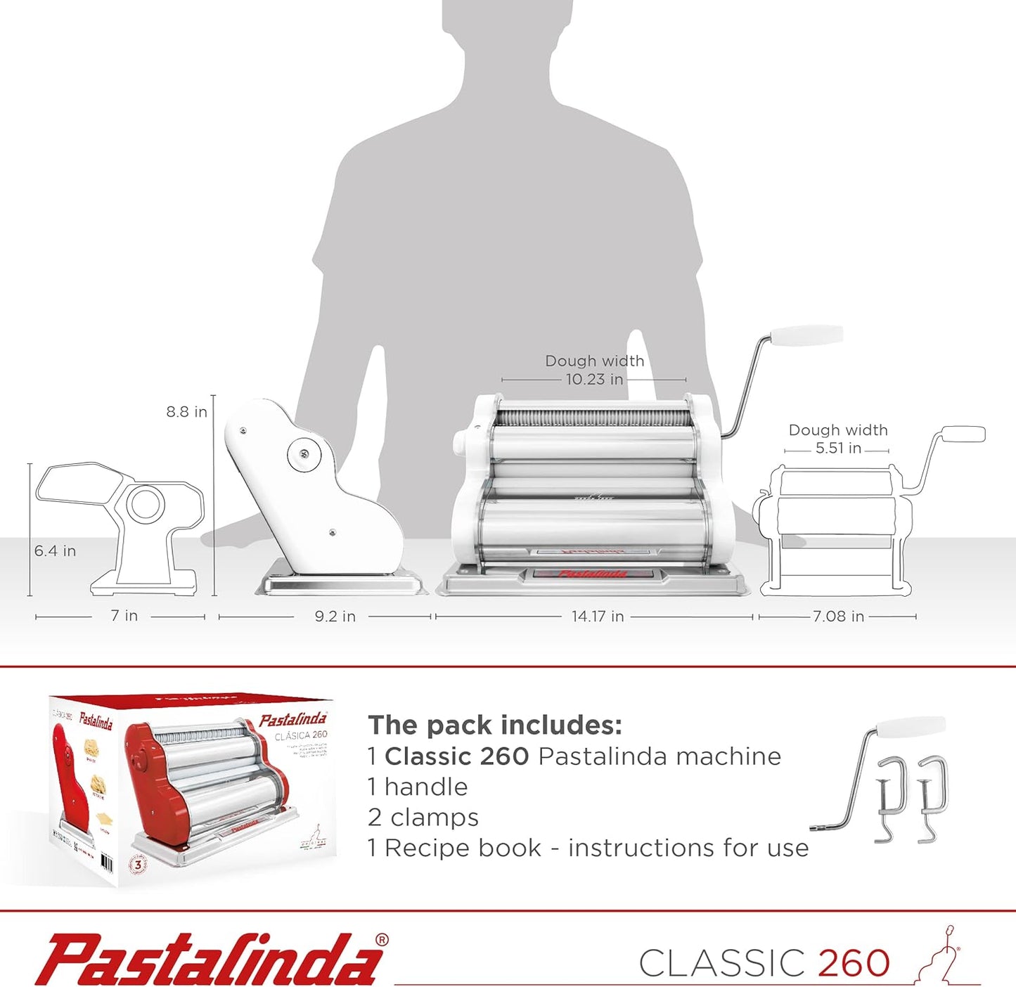 PASTALINDA Classic 260 Pasta Maker Machine, 26 cm Wide Rollers, 9 Thickness Positions, 2 Cutting Positions, Stainless Steel. Includes Reinforced Hand Crank And Two Clamps (White)
