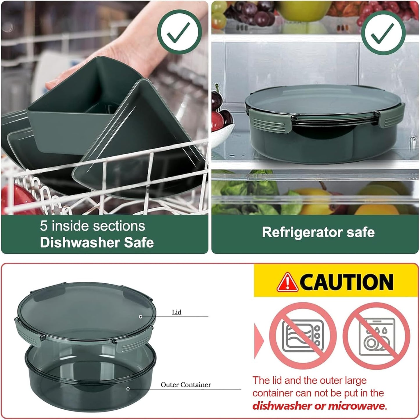 Divided Serving Tray with Lid, Removable Divided Platter Snack Box, Food Storage Charcuterie Containers with 5 Compartments for Christmas Party, Veggies, Snack, Fruit, Nuts, Candy, Cracker, Chip