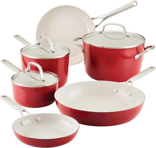 KitchenAid Hard Anodized Ceramic 9-Piece Nonstick Cookware Set – Includes Fry Pans, Saucepan, Stockpot, Durable, Even Heating, Oven Safe to 500°F, Empire Red