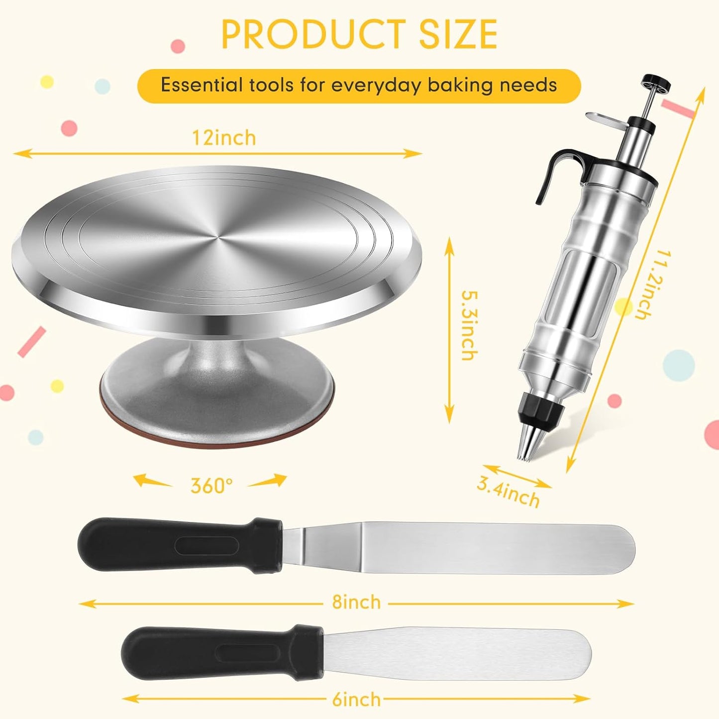 Nuogo 154 Pcs Aluminum Cake Decorating Tools Kit with 12 Inch Aluminum Cake Turntable, Cake Decorating Gun with 6 Heads, 34 Pcs Cake Decorating Set, 11 Cream Spatula Set, 100 Cream Piping Bag