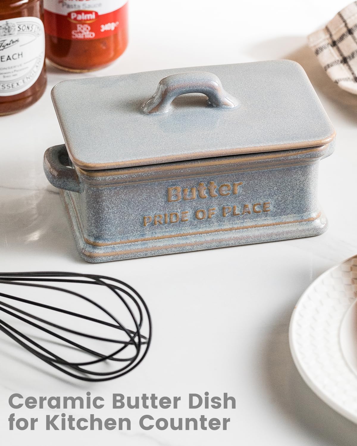 Butter Dish with Lid, Ceramic Butter Holder Container Large Butter Dish for Countertop Farmhouse Decor Butter Keeper for East West Coast Butter, Gray