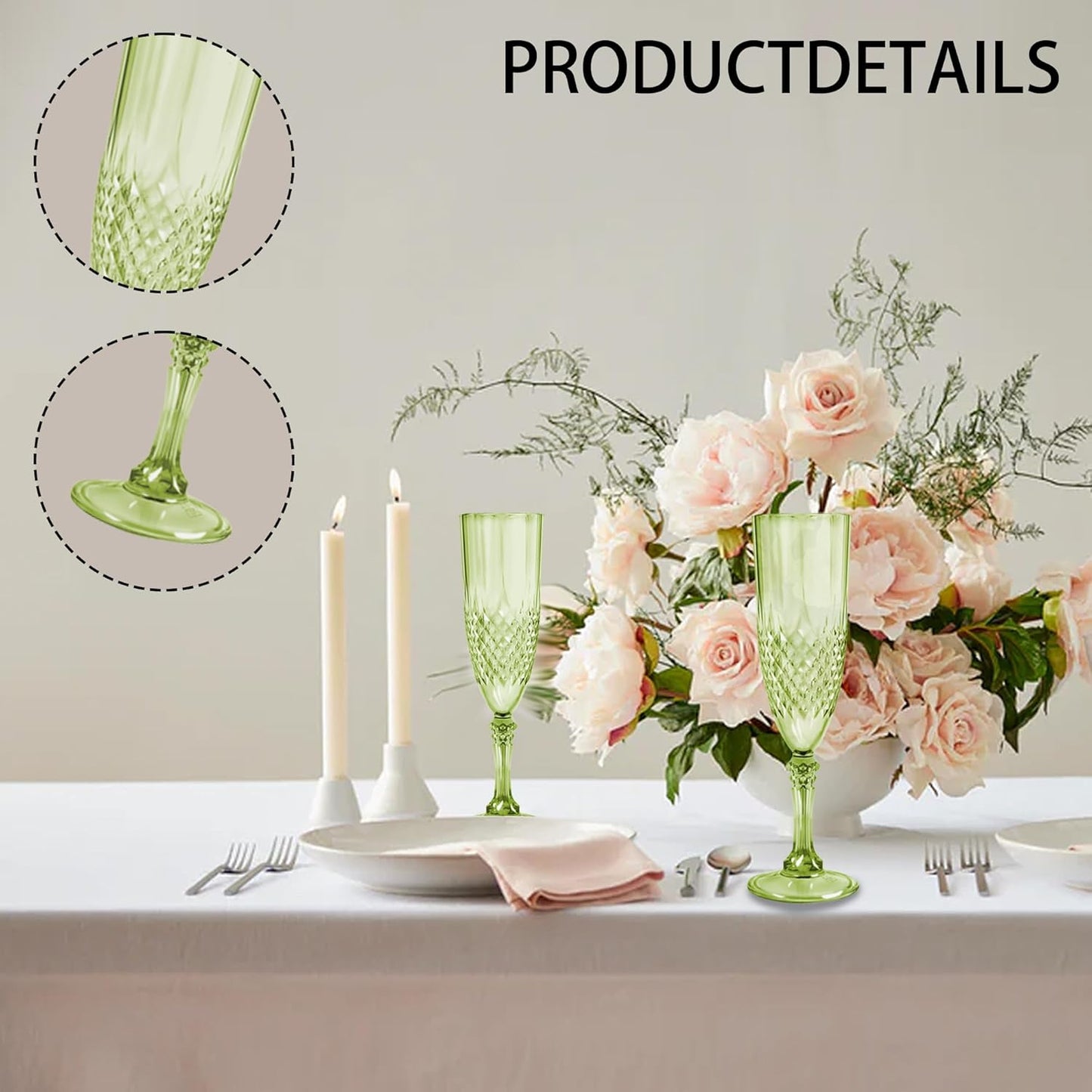 Plastic Champagne Flutes, 12PCS Green Plastic Wine Glasses Goblets Reusable Champagne Flute for Weddings, Bachelor Parties, Toasting, and Events(12, Green)