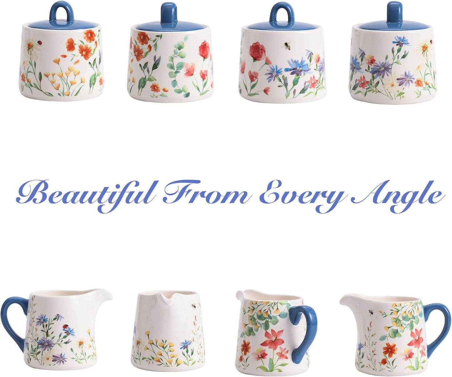 Bico Summer Provence Ceramic Sugar and Creamer Set, Sugar Bowl with Lid, Cute Container for Coffee Bar, Kitchen Countertop Accessories, Microwave and Dishwasher Safe