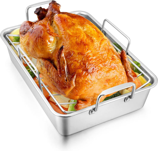 Roasting Pan with Rack for Turkey Chicken, Joyfair Stainless Steel Roaster Pan and V-rack for Toaster Oven, Rectangular Bakeware with Sturdy Handles, Heavy Duty & Dishwasher Safe (Small)