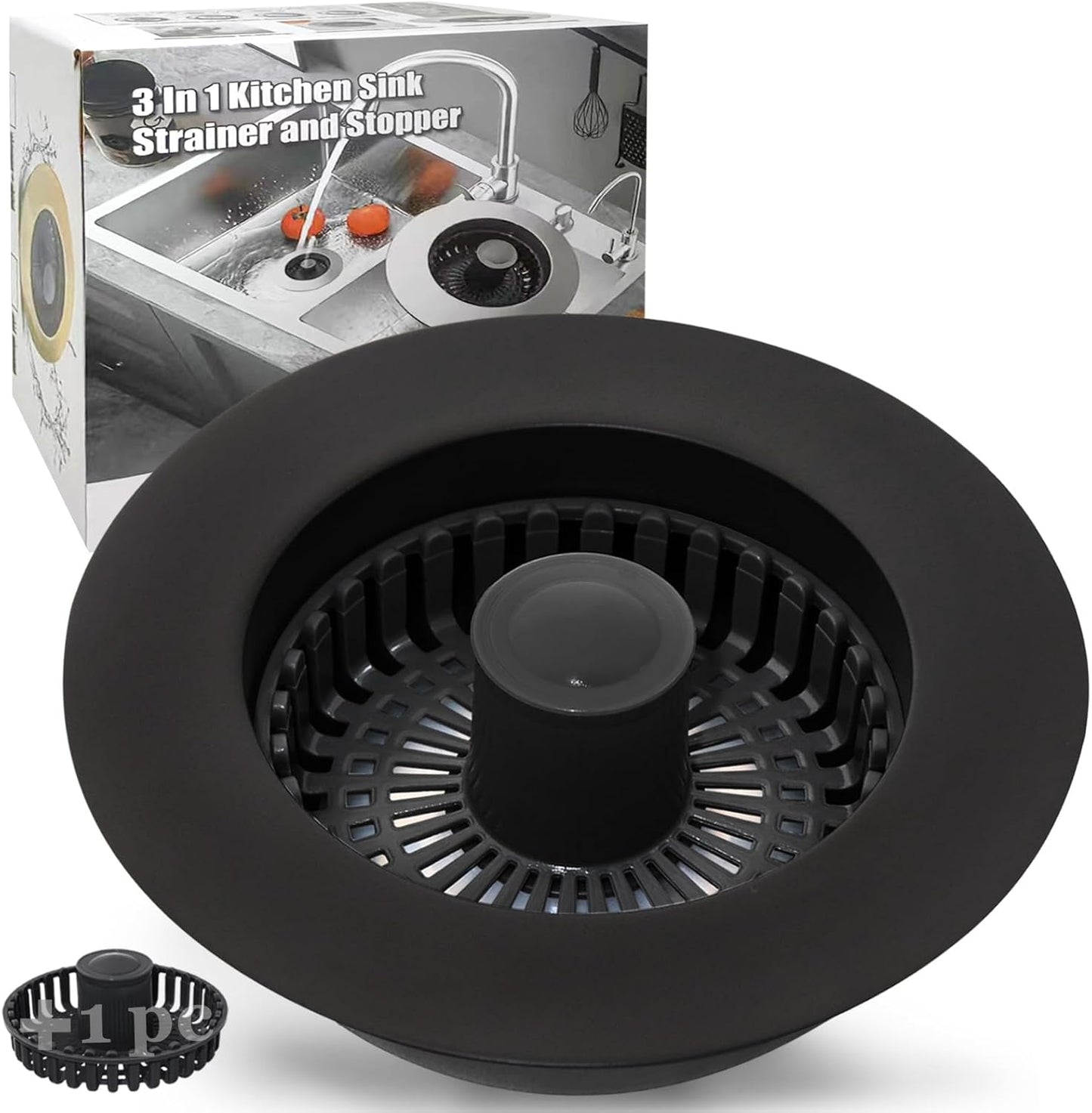 Kitchen Sink Drain Strainer, 3 in 1 Pop Up Kitchen Sink Stopper, with An Extra Basket Strainer, Universal for US Standard 3-1/2 Inch, Black