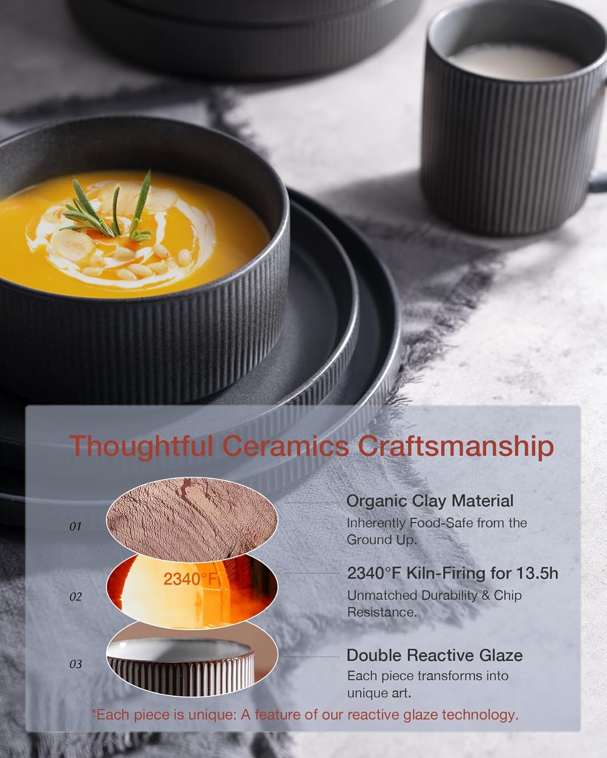 Famiware Star Plates and Bowls Sets, Modern Stoneware Dinnerware Sets for 6, 18-Piece Kitchen Dish Set - Chip and Scratch Resistant, Microwave and Dishwasher Safe Tableware, Matte Dark Charcoal