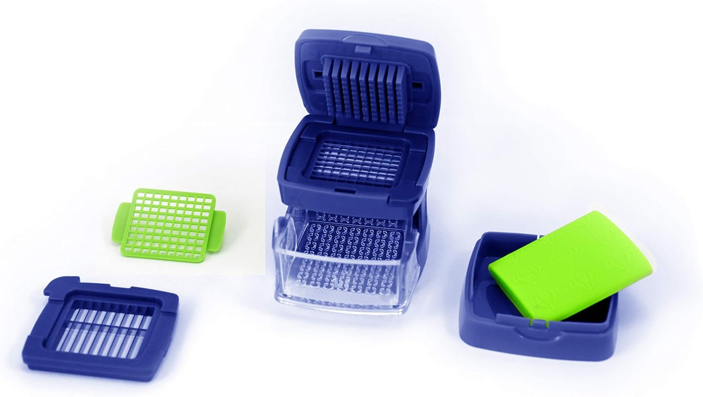 Garlic-A-Peel Garlic Press, Crusher, Cutter, Mincer, and Storage Container - Includes Silicone Garlic Peeler - Easy to Clean - Stainless Steel Blades – (Blue), standard