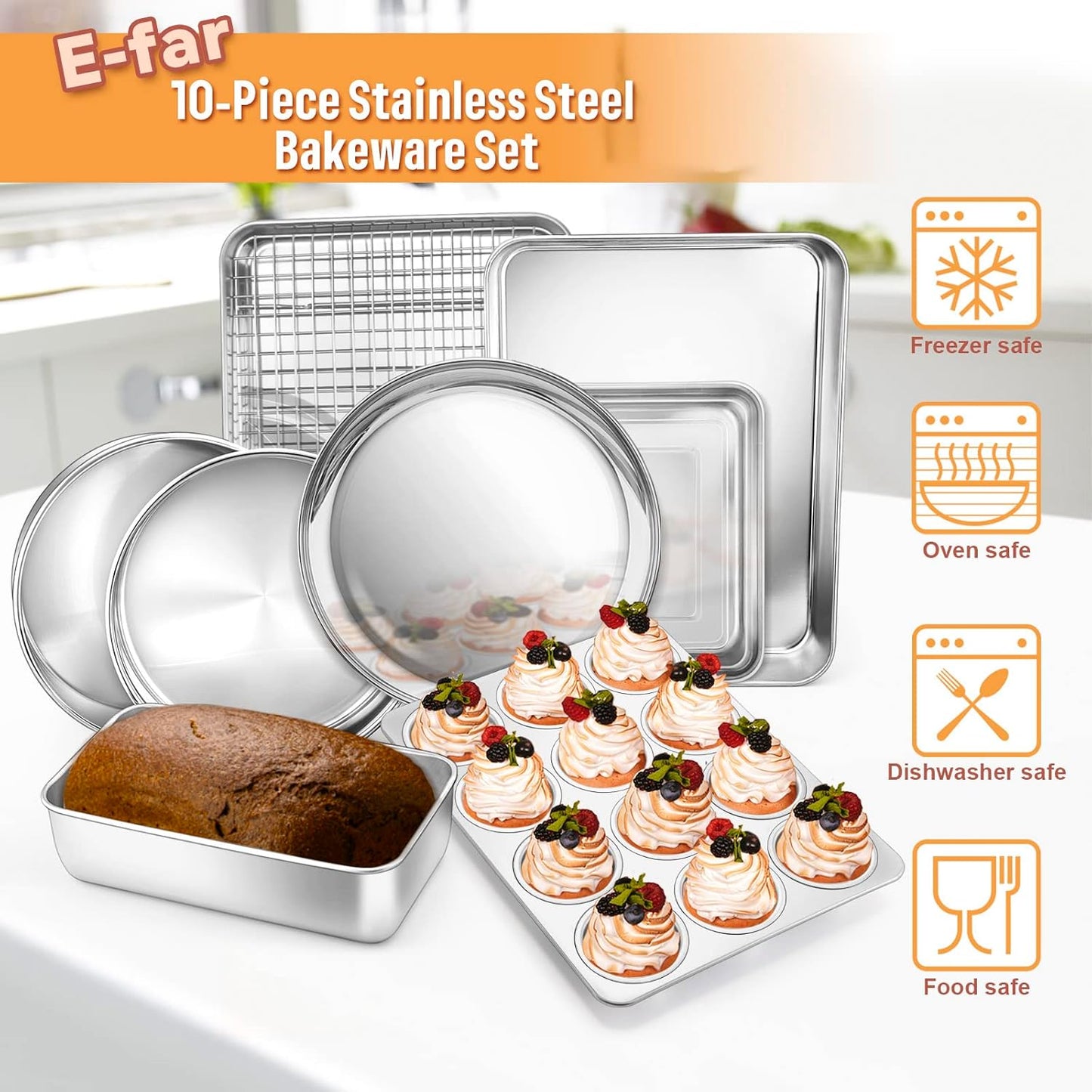 E-far 10-Piece Baking Pans set, Stainless Steel Bakeware Set for Oven, Include Cake Pan/Baking Cookie Sheet/Pizza/Muffin/Loaf Pan, Non-Toxic & Heavy Duty, Dishwasher Safe