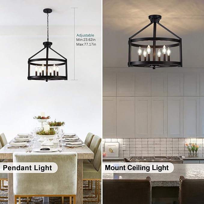 6-Light Black Farmhouse Chandelier for Dining Room,20" Modern Hanging Pendant Lighting for Kitchen Island,Rustic Semi Flush Mount Ceiling Light Fixture Drum Chandeliers for Foyer Kitchen Entryway