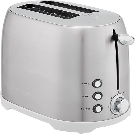 Amazon Basics 2 Slice Cool Touch Stainless Steel Toaster with 7 Browning Settings, Extra Wide Slots (for Bagels, Waffles, Specialty Breads), Removable Crumb Tray, Cancel Button, 800W, Brushed Silver