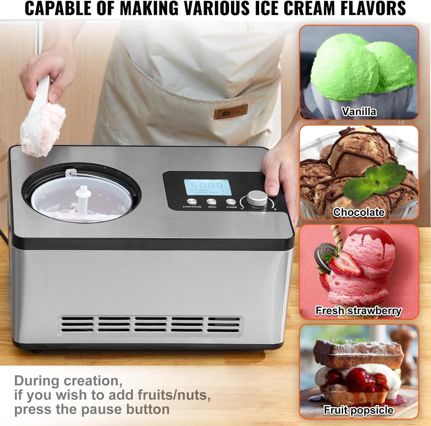 VEVOR Automatic Ice Cream Maker with Built-in Compressor, 2 Quart No Pre-freezing Fruit Yogurt Machine, Stainless Steel Electric Sorbet Maker, 3 Modes Gelato Maker with LCD Display & Timer, Silver