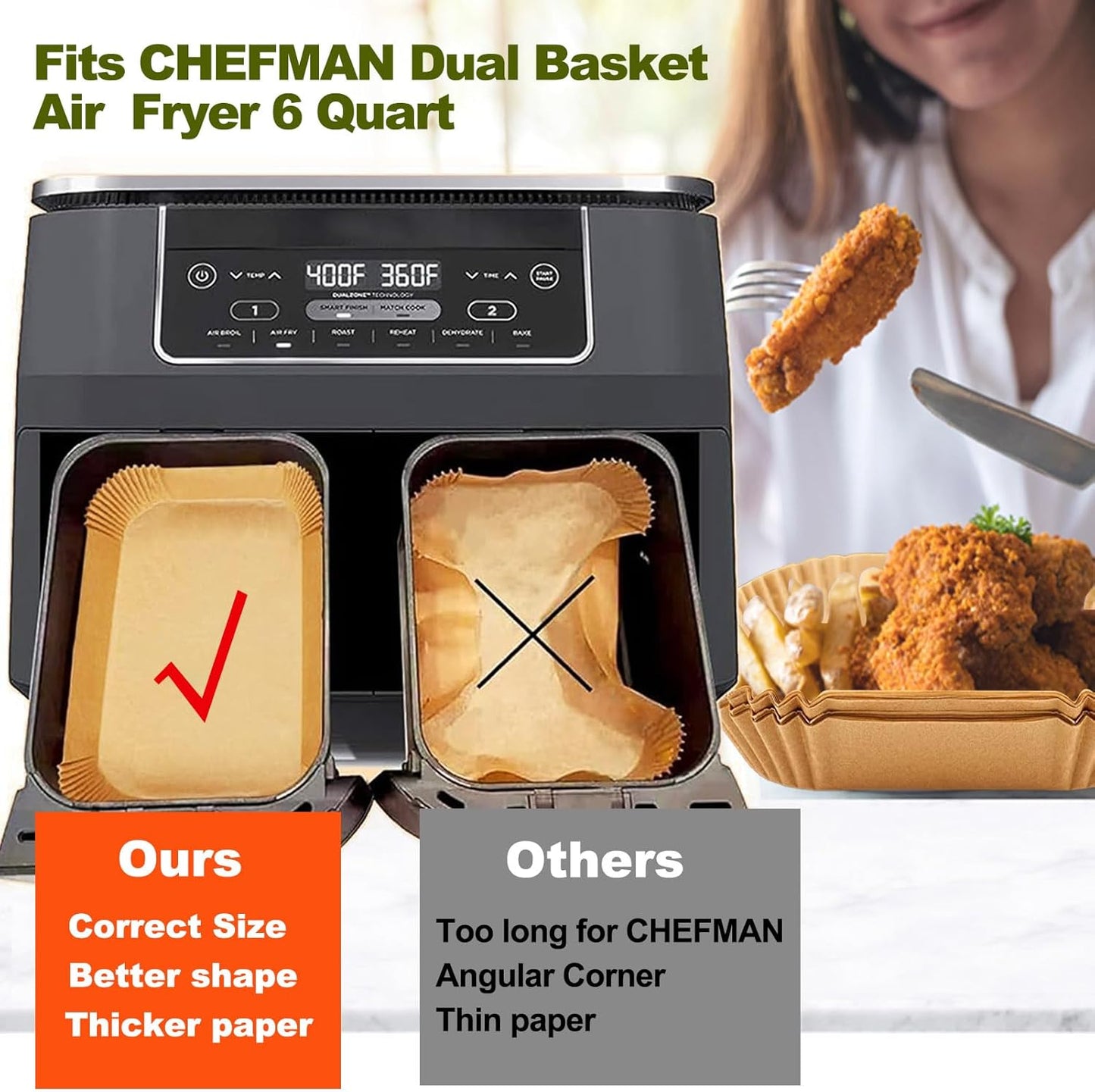 Rectangle Air Fryer Liners for Chefman double air fryer, Chefman Dual Liners Disposable, 200Pcs Heavy-duty Rectangular Parchment Paper Liner for COSORI 9Qt Double Air Fryer with 2 Baskets