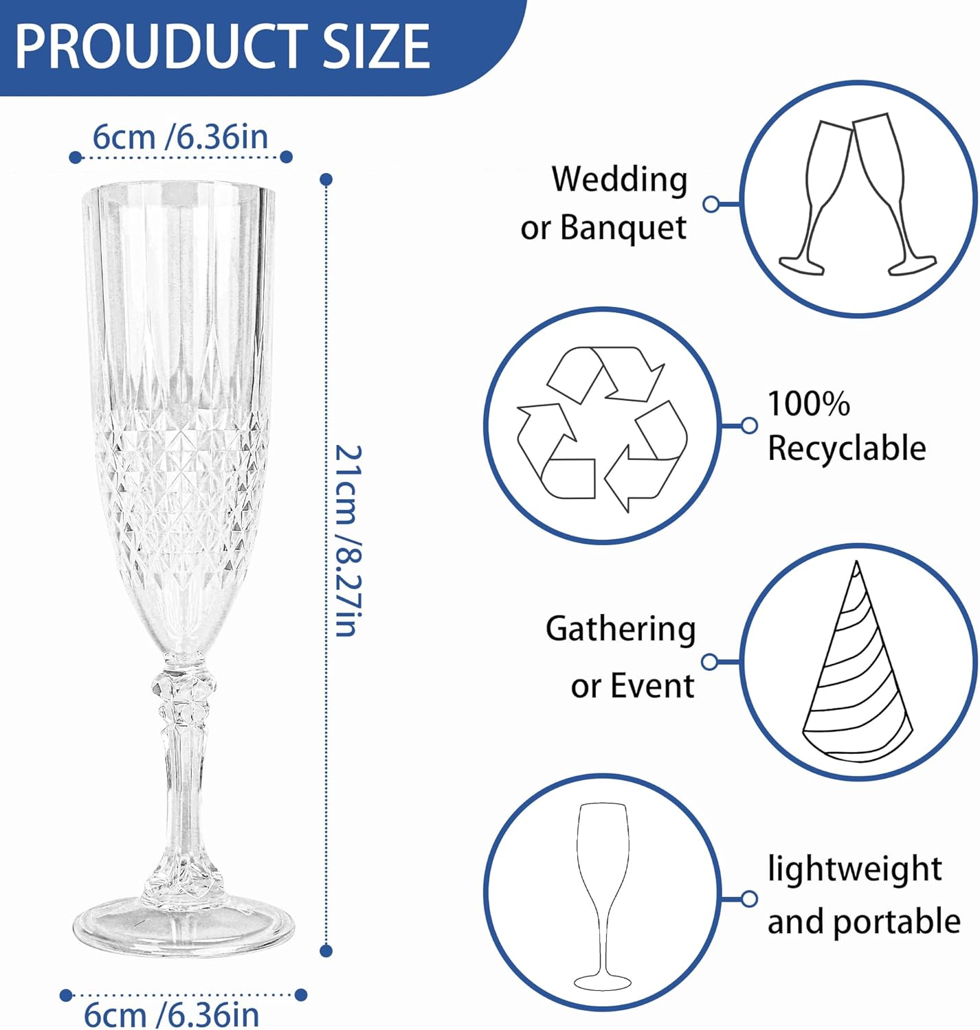 Plastic Champagne Flutes, 48PCS Transparent White Plastic Wine Glasses Goblets Shatterproof Reusable Champagne Flute for Weddings, Bachelor Parties, Toasting, and Events(48,Transparent)