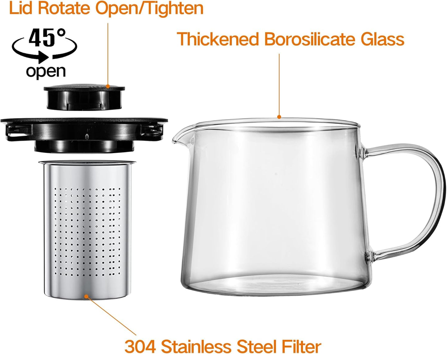 Glass Teapot 34oz/1000ml with Removable Stainless Steel Infuser Tea pot, Heatproof Borosilicate Glass Tea Make, Stovetop Safe Glass Tea Kettle for Loose and Blooming Leaf Tea