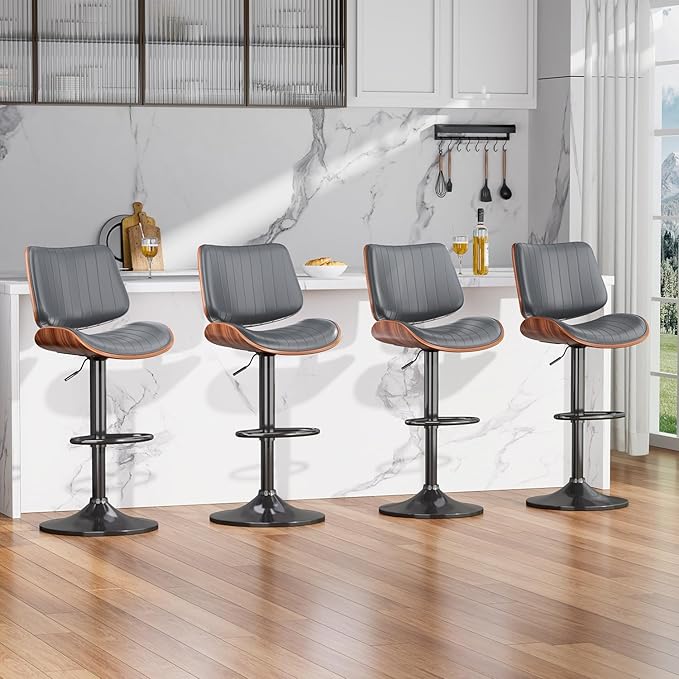Swivel Bar Stools Set of 1, Adjustable Bentwood Barstools for Kitchen Counter, Modern PU Leather Upholstered Bar Chair with Back and Footrest, for Kitchen Island, Bar, Dining Room, Gray