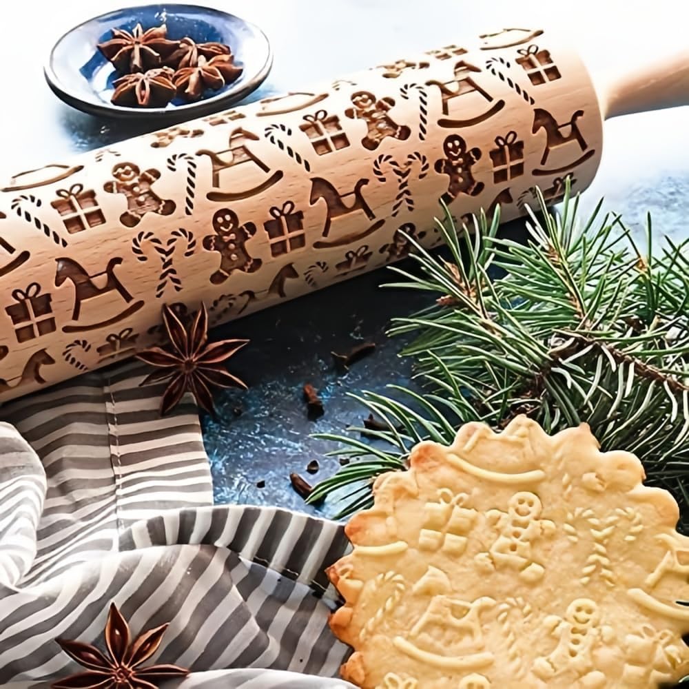 Christmas Wooden Rolling Pin for Baking Engraved Embossing Rolling Pin Cookie Stamps Roller Square Grid Cookies Mold Kitchen Decor Tools for Baking Embossed Cookies (Gingerbread Man)
