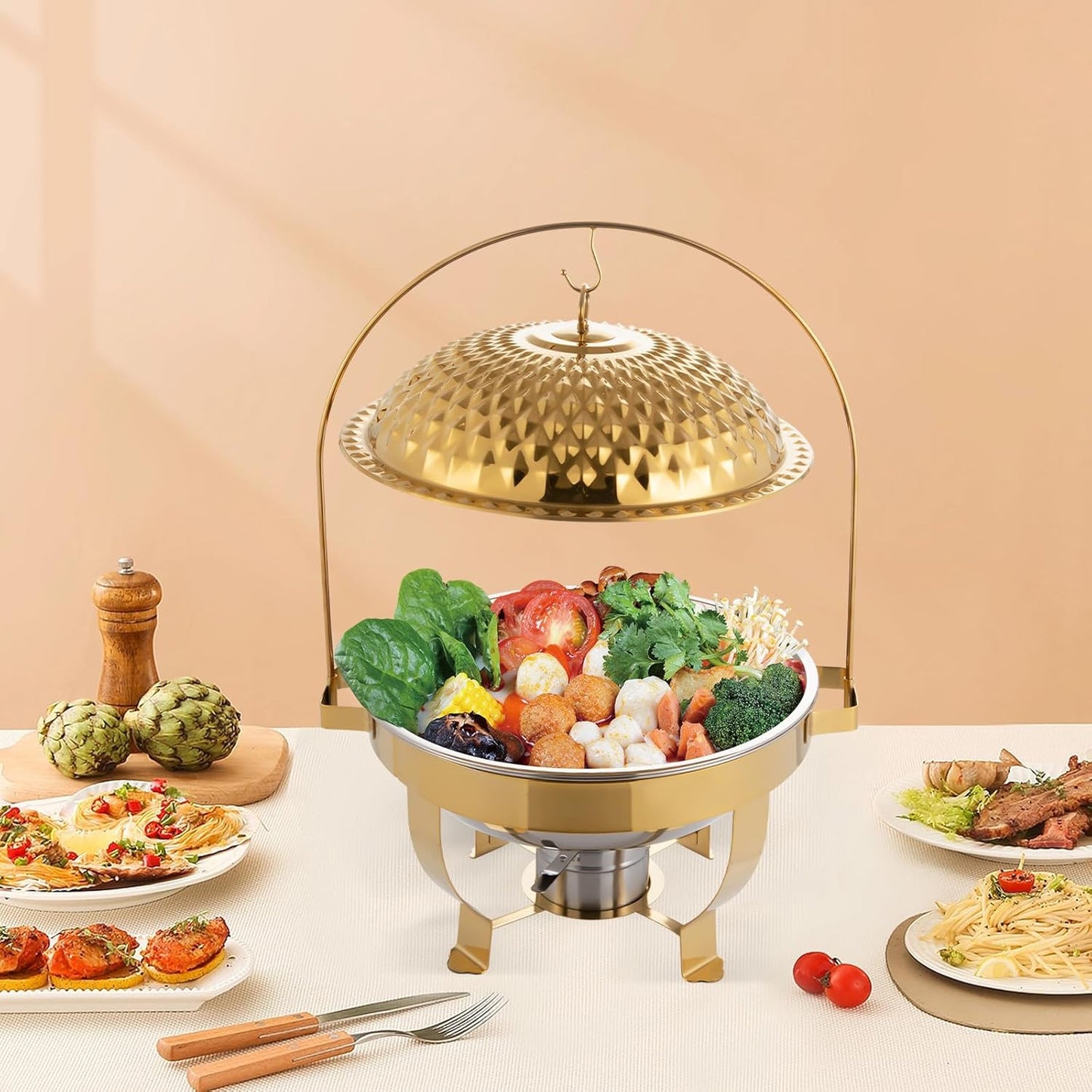 Chafing Dish Buffet Set, Stainless Steel Hanging Lid Dining Stove, Roll Top Chafing Dish Buffet Diamond-Shaped Lid and Round Stand for Buffet Restaurants and Banquets (Gold, 6L/6.3QT)