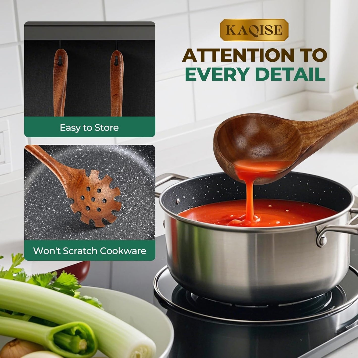 Wooden Spoons for Cooking, Teak Wooden Utensil Set, 2Pcs Kitchen Utensils, Large Cooking Spoons for Soup and Pasta Serving Mixing (Ladle & Pasta Scoop Strainer)