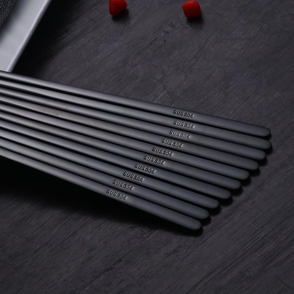 Buyer Star 5 Pairs Black Flat Reusable Metal Chopsticks - Stainless Steel Chinese Set With Case