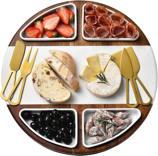 Shanik Upgraded Lazy Susan Cheese Cutting Board Set - Round Acacia Charcuterie Board With 4 Ceramic Bowls - Wedding Gifts - Cheese Serving Platter - Bridal Shower