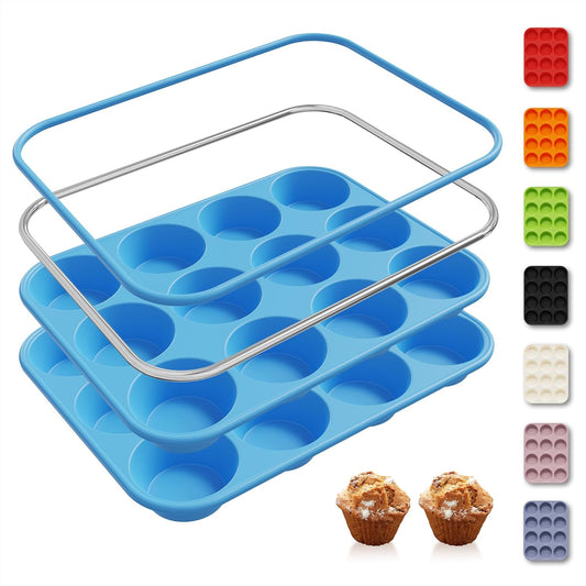 2 Pack 12 Cups Silicone Muffin Pan with Metal Reinforced Frame Regular Size Silicone Molds Cupcake Cake Baking Pans Cookie Baking Chocoflan Cupcake Mold Muffin Tin Tart Pans Necessities Cookware