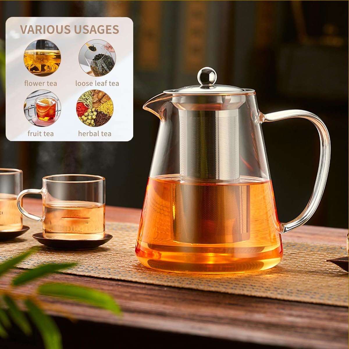 Glass Teapot (25oz/750ml) MJZQCD with Removable Stainless Steel Infuser,Glass Tea Pot transparent Stovetop tea Kettle,Blooming and Loose Leaf Tea Maker,Microwave & Dishwasher Safe