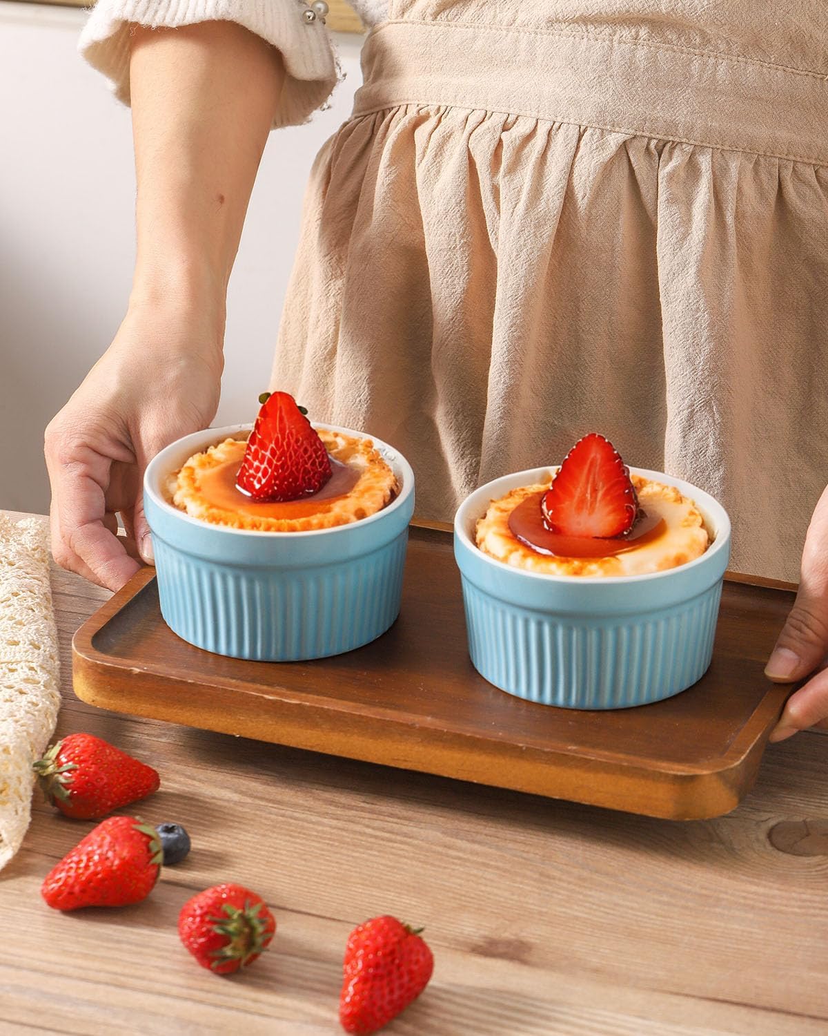 Hasense Ramekins Oven Safe, 8 oz Creme Brulee Ramekins Set of 2, Microwave & Dishwasher Safe Souffle Baking Cups for Pudding, Ice Cream, Custard, Dessert Bowls Porcelain, Sky Blue