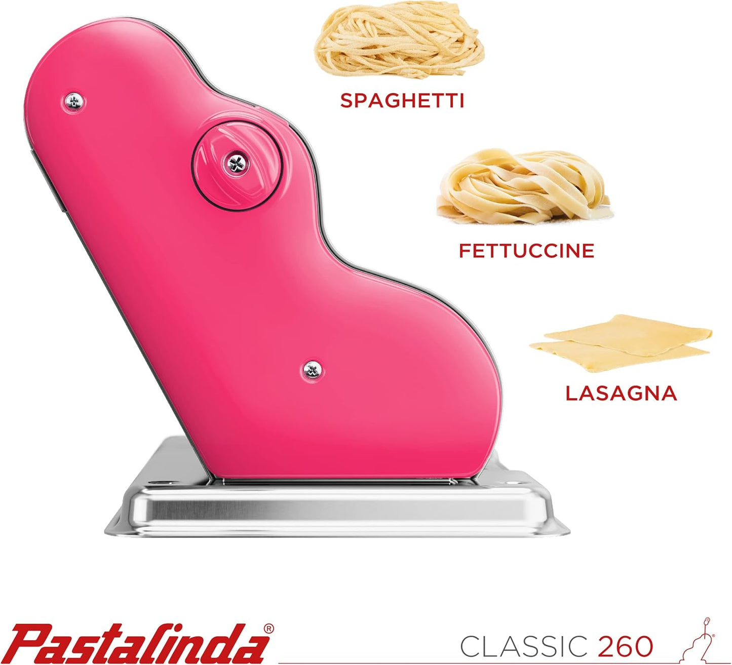PASTALINDA Classic 260 Pasta Maker Machine, 26 cm Wide Rollers, 9 Thickness Positions, 2 Cutting Positions, Stainless Steel. Includes Reinforced Hand Crank And Two Clamps (Fuchsia)