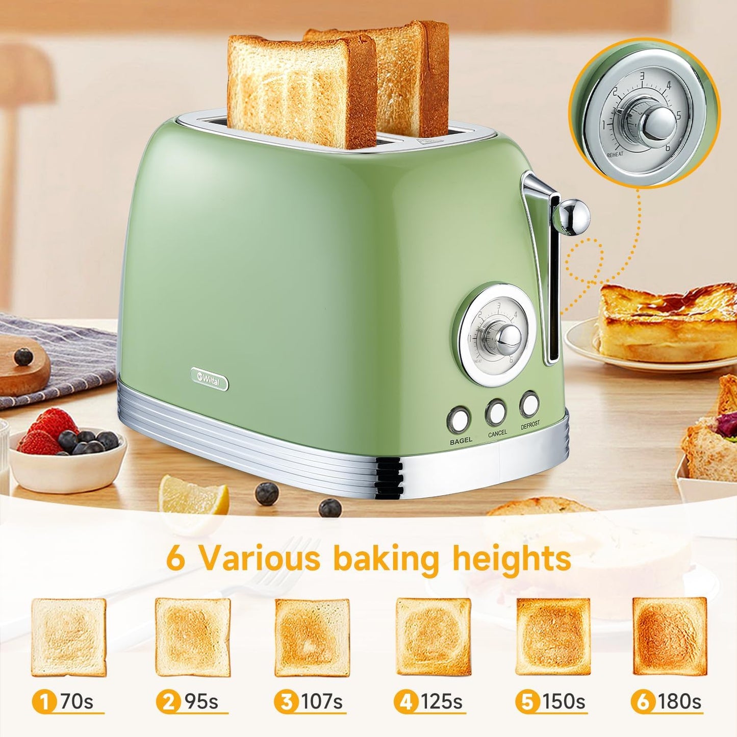 Green Cute Retro Toaster 2 Slice with 1.58" Wide Slots, with Stainless Steel Lid, with Warming Rack, Preheat, Defrost, Countdown Timer Display