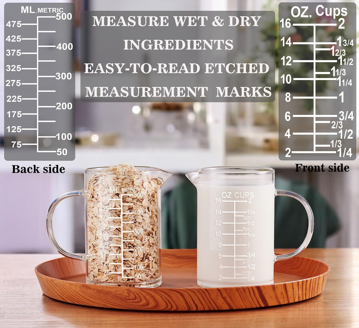 Ackers Etched Graduated Glass Measuring Cup - [Insulated Handle | V-Shaped Spout] - High Borosilicate Glass Measuring Cup for Kitchen or Dining, Easy to Read, 500 ML (16 Oz, 2 Cup)