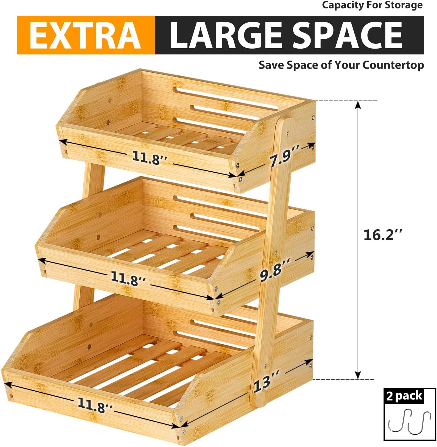 Bamboo Fruit Basket for Kitchen – 3 Tier Fruit Bowl For Kitchen Counter, Large Fruit Holder With 2 Banana Hangers, Idea For Fruit and Vegetable Storage, Bread Basket, Snack Organizer(Bamboo)